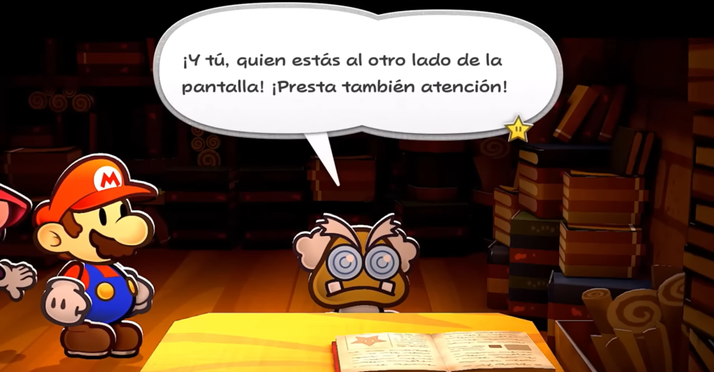 Imagen del videojuego "Paper Mario" en el que el Profesor Gómez rompe la cuarta pared