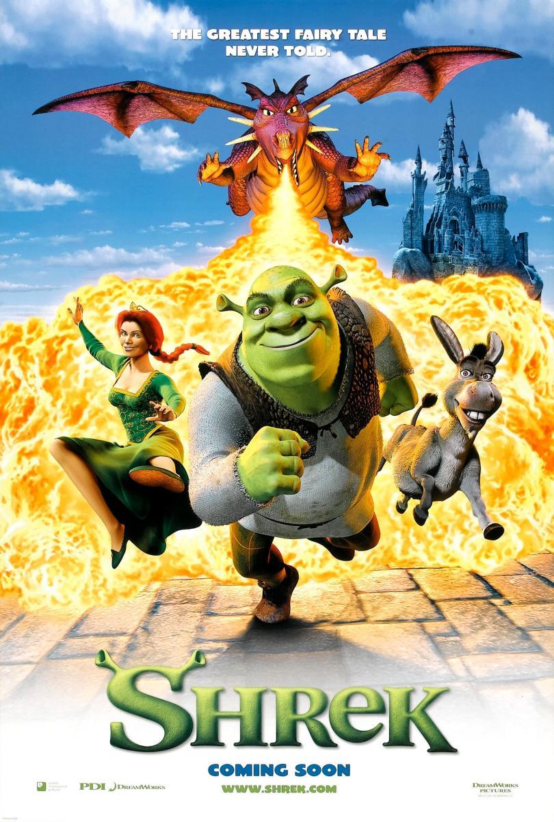 Portada de la película de Shrek (2001), con los personales de este cuento